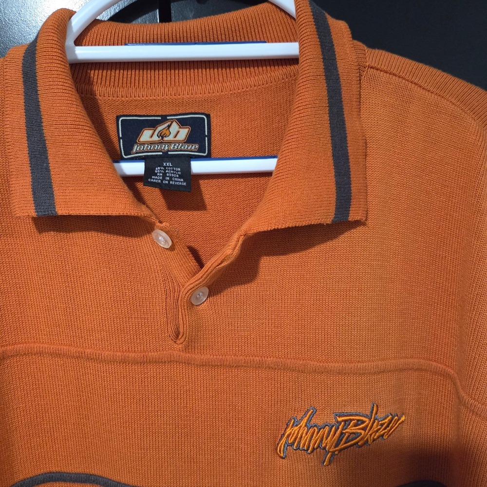 Johnny Blaze XXL Long Sleeve Polo Shirt Orange Gray Embroidered Logo Knit Top